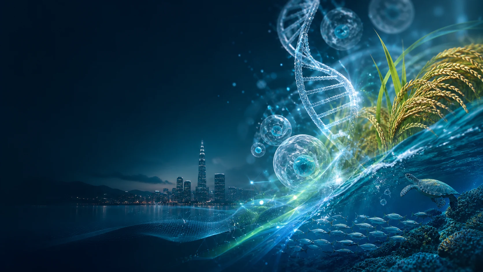 DNA、細胞、稻穗、海洋與台北城市交織的恆健康論壇主視覺